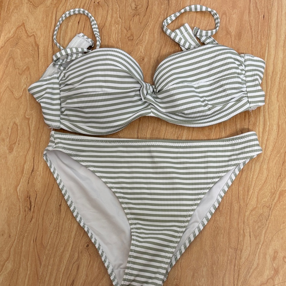 H&M Green and White Striped Bikini